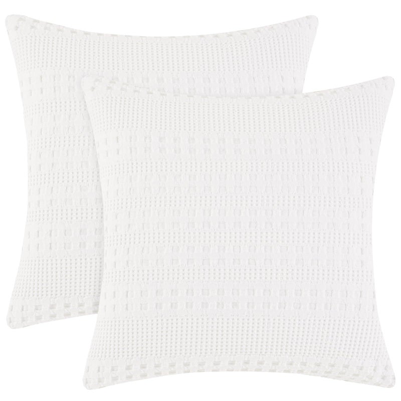 PHF 100% Cotton Waffle Weave Euro Sham Covers, 2 Pack 26" x 26" Bed Pillow Covers for Elegant Home Decor, No Filling, Luxury Aesthetic Soft Euro Pillow Cases for Bed, White - Image 1